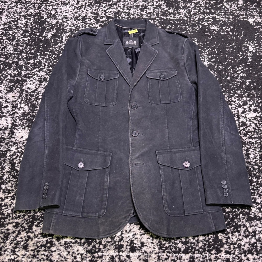 Express Mens Jacket Black Y2K Grunge Utility Blazer Coat Small